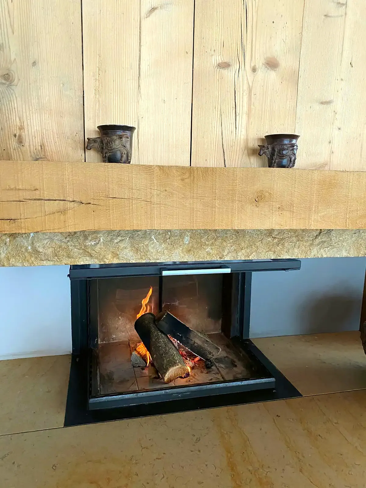 Fire in the chalet fireplace
