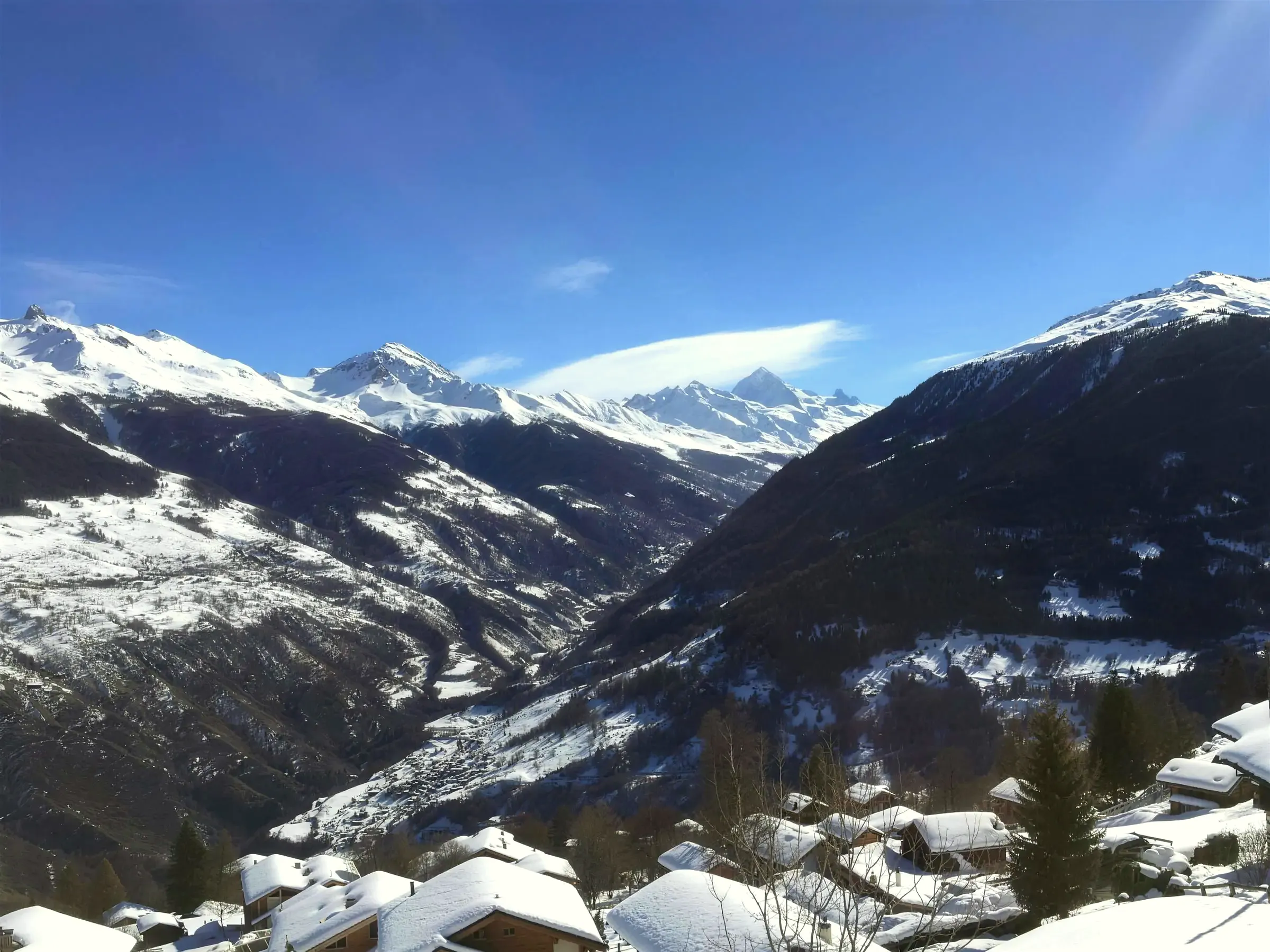 View from the chalet over the snowy Val d'Hérens